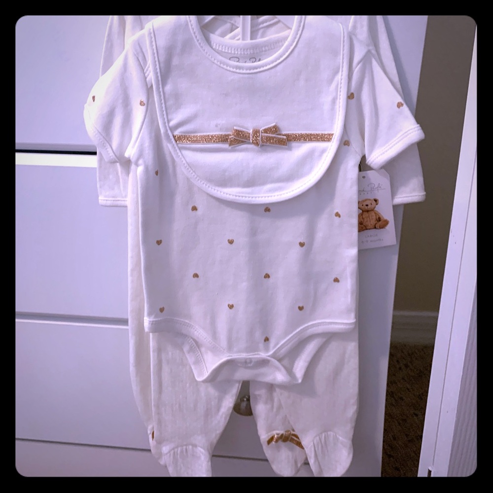 NWT baby Girls 6/9 Mo Cream & Gold Onesie pack